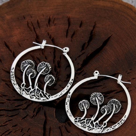 Antiqued Silver Mushroom Hoop Earrings - Picture 3 of 4